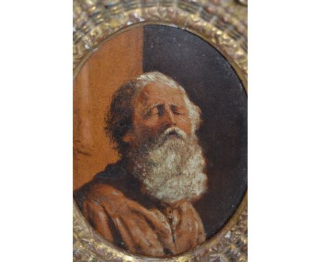 Miniature oil on board, portrait of a bearded figure, 4.25ins x 3.25ins, oval gilt framed, together with a small oval oil on 
