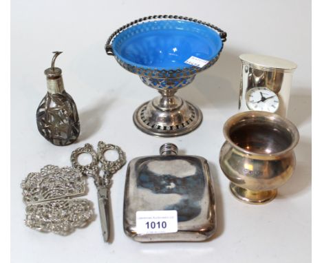 Birmingham silver small pedestal bowl, sterling silver mounted miniature dimple bottle, plated basket with blue glass liner, 