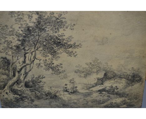 Antique pencil drawing, three figures in a landscape, inscribed verso ' The Road to Brighton ', G. Morland, together with two