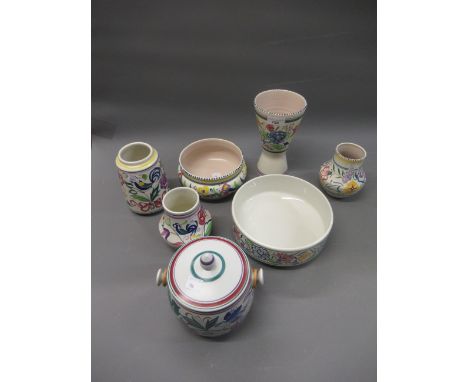 Poole pottery group of four various vases, a biscuit barrel, and two bowls, all with printed mark 
