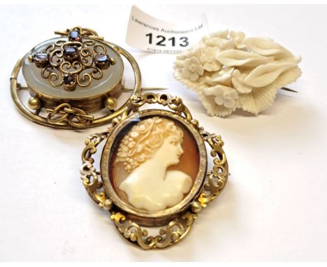19th Century cameo brooch, another gilt metal brooch and a Goss crested floral design brooch 