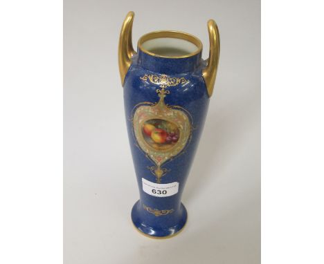 Royal Worcester two handled baluster vase, painted with a miniature panel of fruits, by H. Ayrton on blue mottled ground, dat