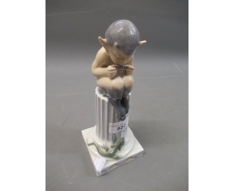 Royal Copenhagen figure ' Faun ' , with a lizard seated on a column, 8.25ins high 