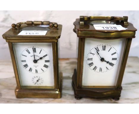 20th Century shaped gilt brass cased carriage clock with enamel dial, having Roman numerals and another later brass cased car