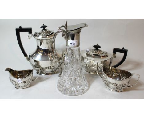 Four piece plated embossed tea and coffee service, together with a cut glass claret jug with plated mount 