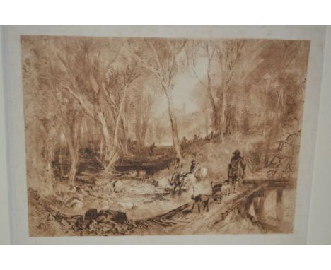 After J.M.W Turner, mezzotint landscape with huntsmen, 9.75ins x 13.75ins approximately, unframedPlease see further photograp