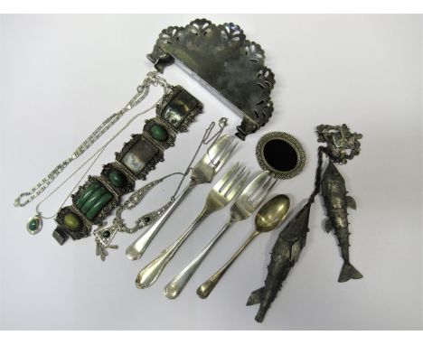 Quantity of various Continental silver jewellery, two articulated fish pendants, silver letter rack and four plated flatware 