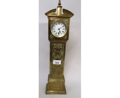 Edwardian brass miniature longcase clock, the enamel dial with Roman numerals and single train movement, 17.75 ins high 
