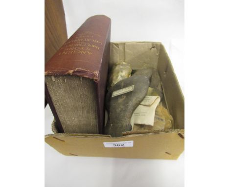Box containing a collection of various carved stone axe heads and various flint tools etc., including a book Ancient Stone Im