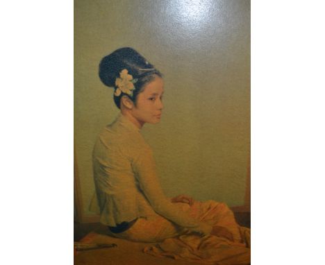 Coloured portrait print after Gerald Kelly, an oil on board and two pairs of Chinese prints 