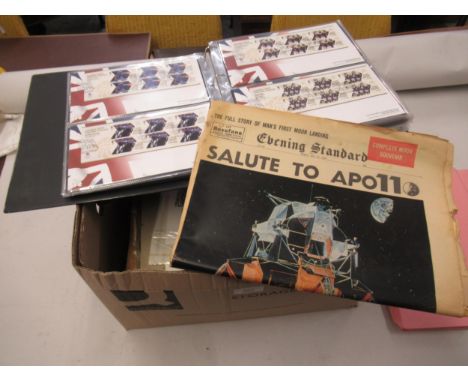 Collection of First Day covers and stamps including some celebrity signed covers and a newspaper reporting on the Apollo moon