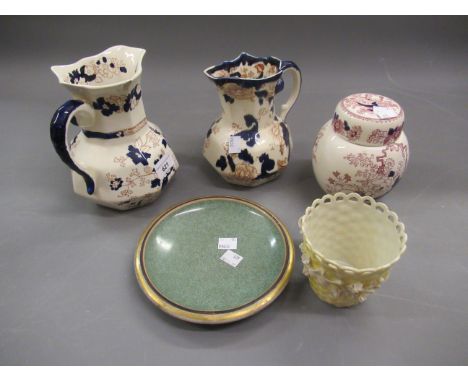 Two Mason's Ironstone jugs, a small ginger jar and cover, Belleek vase (at fault on stand) and a Royal Copenhagen dish 