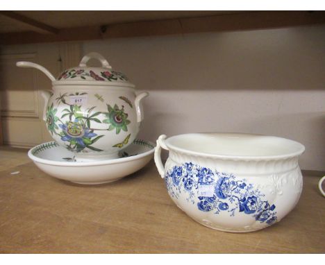 Large Portmeirion pottery tureen with cover, ladle and stand, together with a Victorian blue and white transfer printed chamb