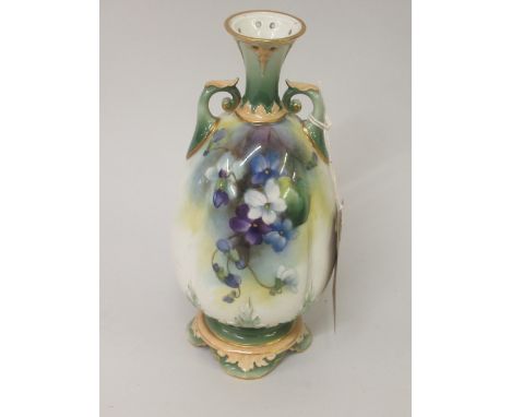 Royal Worcester J. Hadley monogram lobed baluster two handled vase, painted with blue, white and violet flowers by J. Lander,