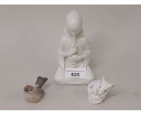 Royal Copenhagen porcelain figure of a Chinese girl smoking a pipe, together with two Copenhagen figures of a bird and a mous