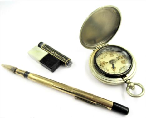 9ct Gold mounted ball point pen (at fault), together with a nickel plated compass 