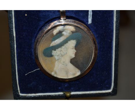 John Hay, late 18th Century circular head and shoulder portrait miniature on ivory, of a lady with feathers in her hat, with 