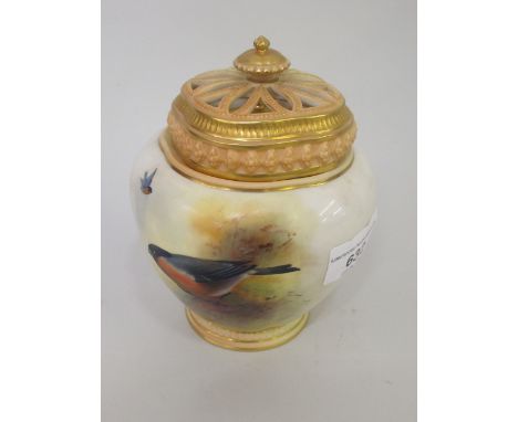 Royal Worcester potpourri vase with inner and outer covers, painted with bullfinches by E. Barker, date code for 1909, 5.25in