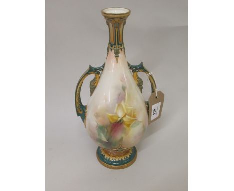 Hadley's Worcester two handled baluster vase with narrow neck, painted with roses, 11.5ins highSome minor chipping to rim of 