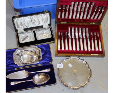Quantity of various silver plated items including a cased set of Elkington & Co. mother of pearl handled dessert knives and f