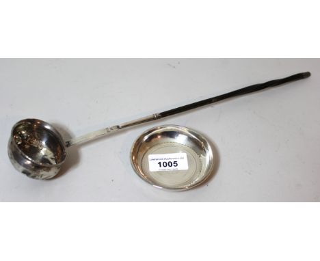 Antique white metal toddy ladle with whale bone twisted handle and a small circular London silver dish 