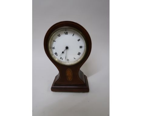 Edwardian mahogany shell and line inlaid balloon shaped mantel clock, together with a walnut aneroid barometer thermometer 