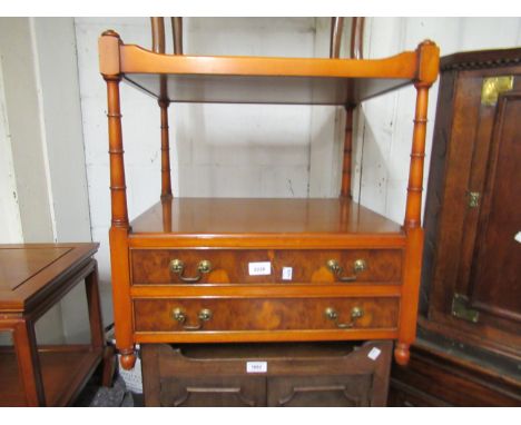 Pair of reproduction yew wood lamp tables, the leather inset tray tops above turned supports, each with two drawers and low t