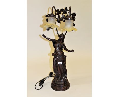 20th Century bronzed figural table lamp, in the form of a classical maiden with yellow and clear etched glass shades 