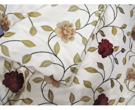 Pair of large good quality all-over floral embroidered curtains on cream ground with linings, 45ins wide (gathered) x 86ins l