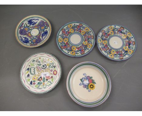 Poole pottery Persian deer pattern 8in plate, together with four other Poole pottery plates and bowls 