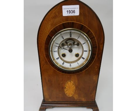 Edwardian mahogany and inlaid lancet shaped mantel clock with enamel dial, Roman numerals and two train movement with visible