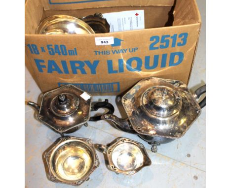 Silver plated four piece tea service of hexagonal design, together with a small quantity of other miscellaneous silver plate 