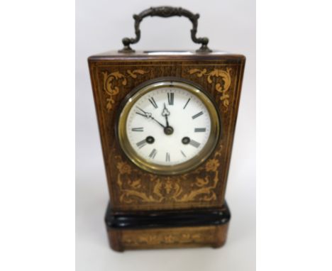 19th Century French rosewood and marquetry inlaid mantel clock, the enamel dial with Roman numerals, signed Raingo Freres, Pa