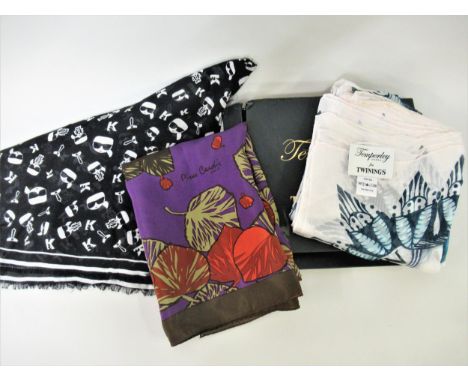 Karl Lagerfeld K Ikonik scarf, together with a Pierre Cardin silk scarf and a Temperley, London for Twinings silk compass sca