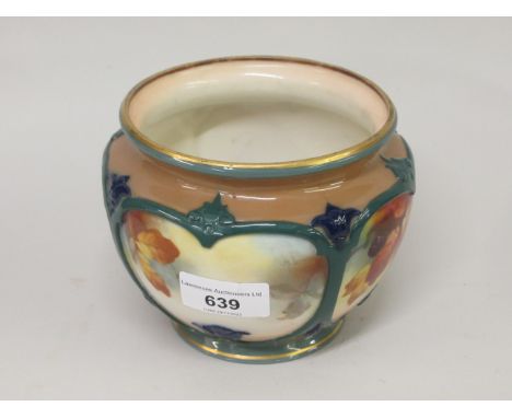 Royal Worcester J. Hadley monogram jardiniere, painted with panels of blackberries, 4.25ins highHairline crack to rim, some l