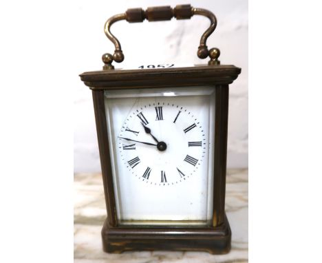 20th Century gilt brass carriage clock, the enamel dial with Roman numerals (crack to dial) 