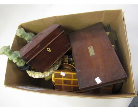 Small 19th Century mahogany tea caddy, together with a quantity of various boxes, carvings etc. 