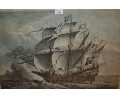 Large framed hand coloured engraving, portrait of the galleon ' Great Harry ' , by Reeve after Cruickshank, from an original 