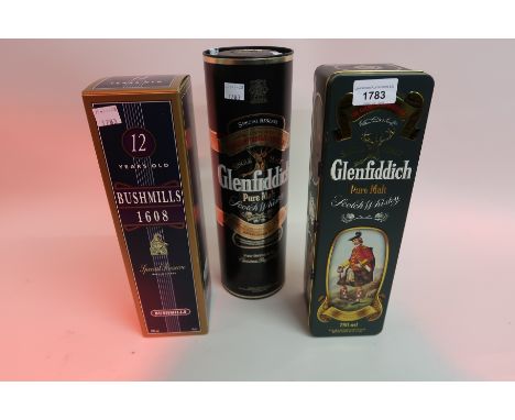 One bottle, Glenfiddich, single malt scotch whisky in a presentation tin, one bottle, Glenfiddich Special Reserve, pure malt 