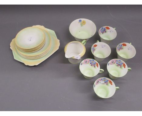 Shelley Art Deco six place setting tea service for Lawleys, Regent Street, pattern No. 12072 comprising:  six cups and saucer