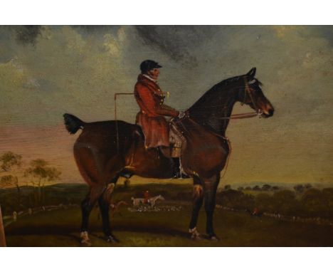 Attributed to Henry Alken, 19th Century oil on panel, portrait of a chestnut hunter with rider in a landscape, inscribed ' H.