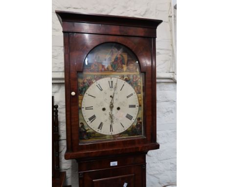 19th Century mahogany longcase clock, the rectangular hood above a rectangular panelled door and conforming plinth base, the 