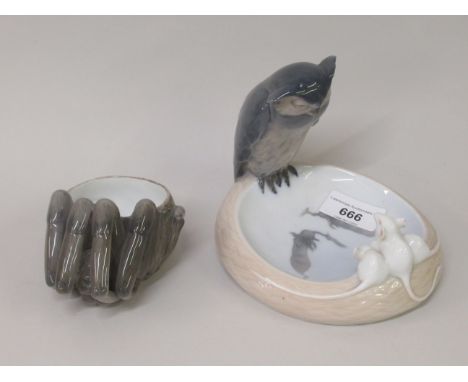 Rare Royal Copenhagen trinket dish, mounted with a figure of an owl and three figures mice, 4.75ins high, together with a sma