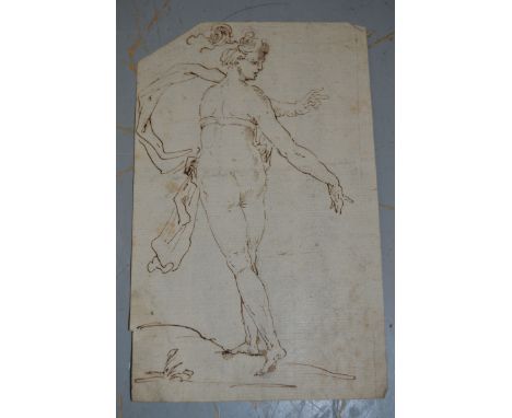 Small unframed 18th Century ink drawing of a Classical female, 8ins x 5ins approximately, together with a primitive antique o