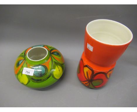 Poole pottery green Delphis pattern squat baluster vase, together with a similar orange vase 