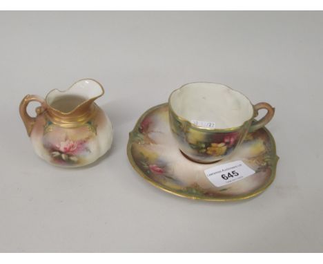 Hadley's Worcester cabinet cup and saucer, painted with roses, together with similar miniature jugSome minor loss of gilt, ot