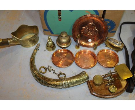 Quantity of various horse brasses and a quantity of various Eastern and European brassware and a large brass table lamp 