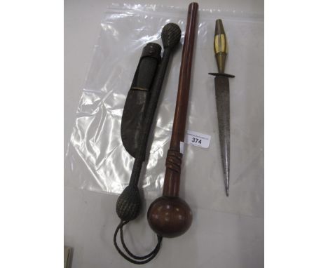 Brass and bone handled dagger, small early scout knife in leather scabbard, a weighted woven cosh and a mahogany knobkerrie c