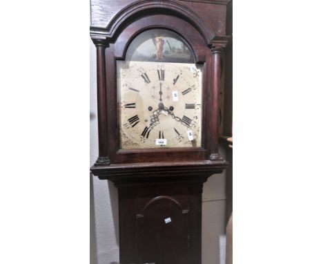 George III oak longcase clock, the arched painted dial and eight day movement, with pendulum (minus weights) 