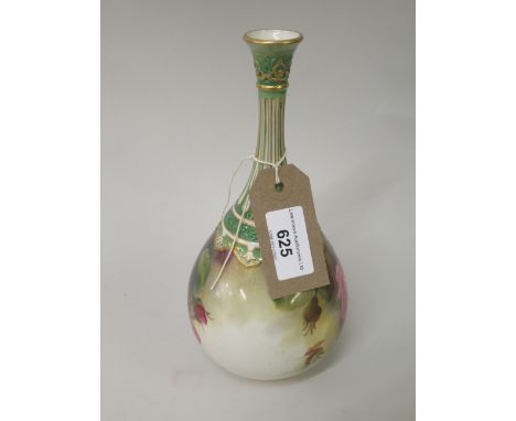 Royal Worcester baluster form vase, painted with red roses by Austin, below a green and gilt narrow neck, 8.75ins highMinor l